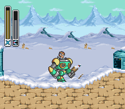 A frame from the video where X pilots the Ride Armor, in Chill Penguin’s stage.