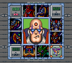 Mega Man X’s stage-select screen.