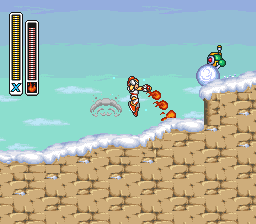 X fires on a snowy slope of the Chill Penguin stage, near two of the stage enemies.