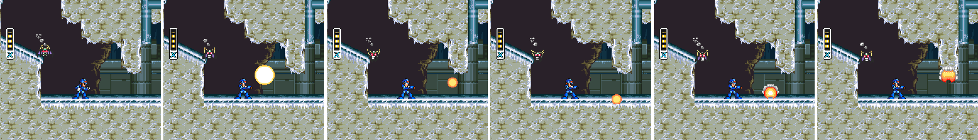 Six frames from the original game: X fires the spiral shot, a ball of energy that moves right while rising and falling.