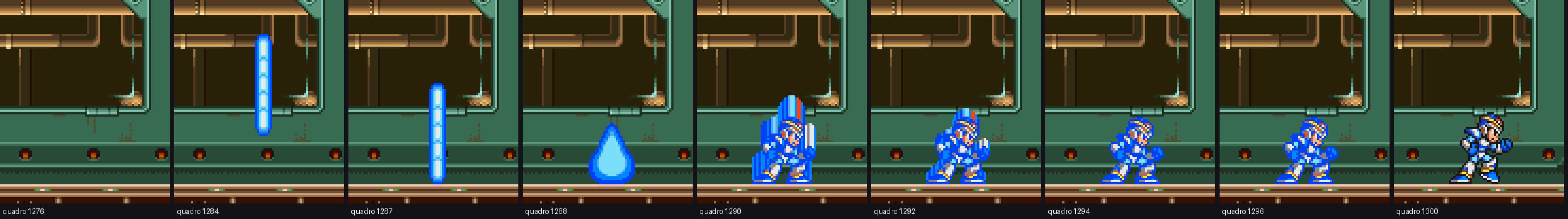 Nine frames from the original game at the start of the Armored Armadillo stage: a beam of light falls, becomes a drop and forms X facing right.
