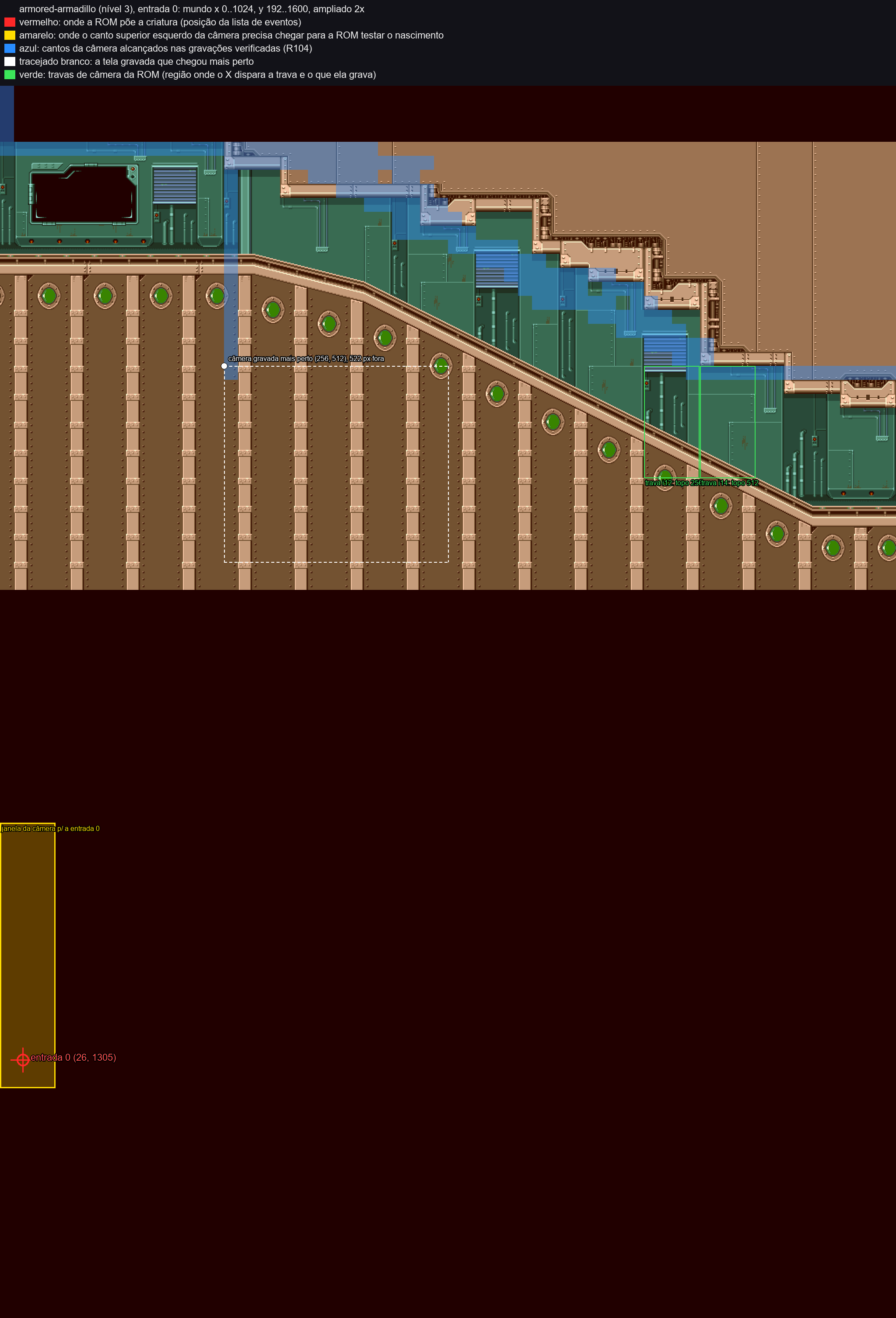 Map of the start of the Armored Armadillo stage with a Portuguese legend: the red marker of enemy no. 0 on the list sits far below the start area, in empty space, inside a yellow box; the blue areas, where the camera reached, are up at the top.