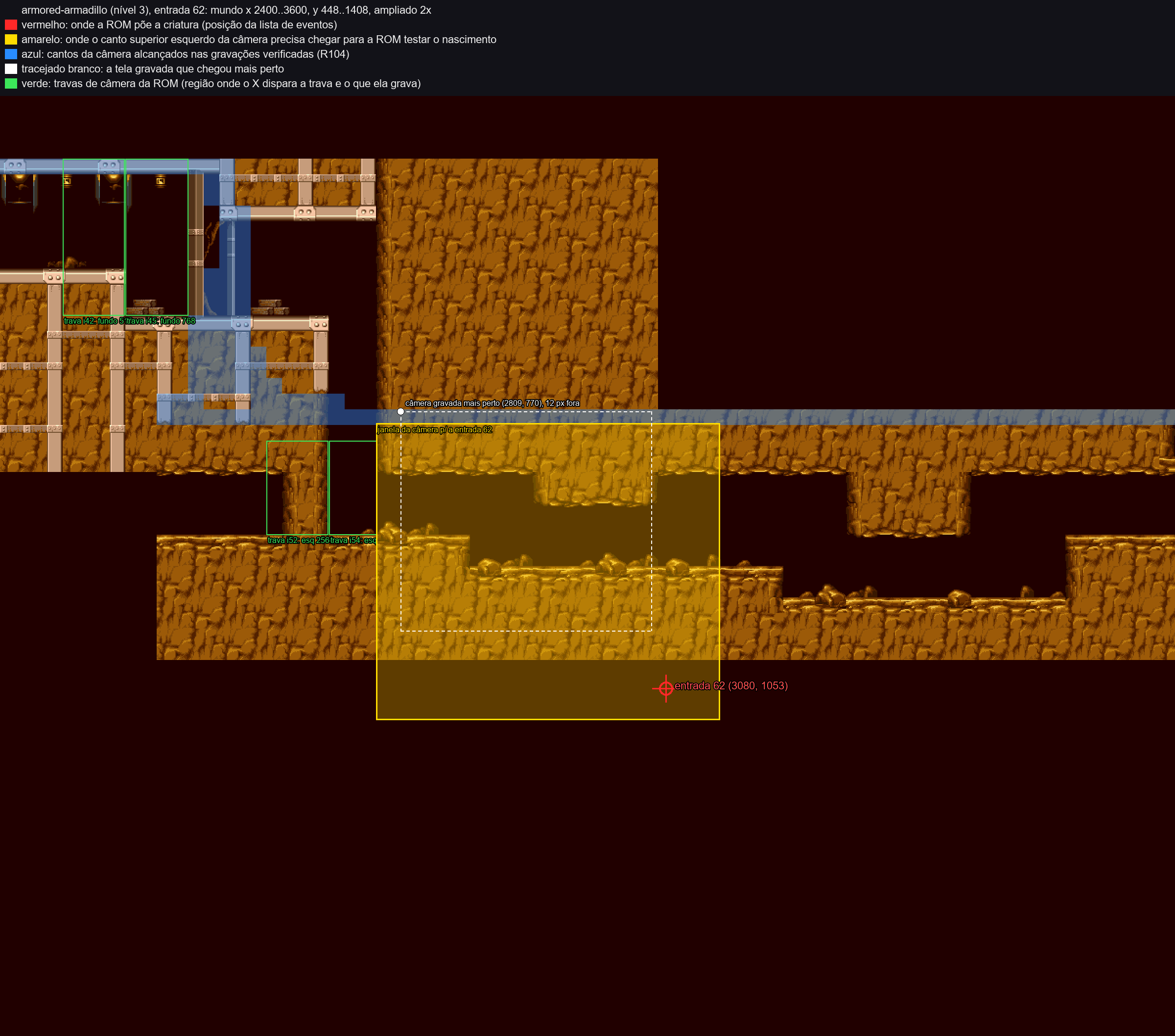 Map of the Armored Armadillo mine with a Portuguese legend: the red marker of enemy no. 62 on the list sits under the floor, in empty space, inside a yellow box; the blue areas, where the camera reached, are above the floor.