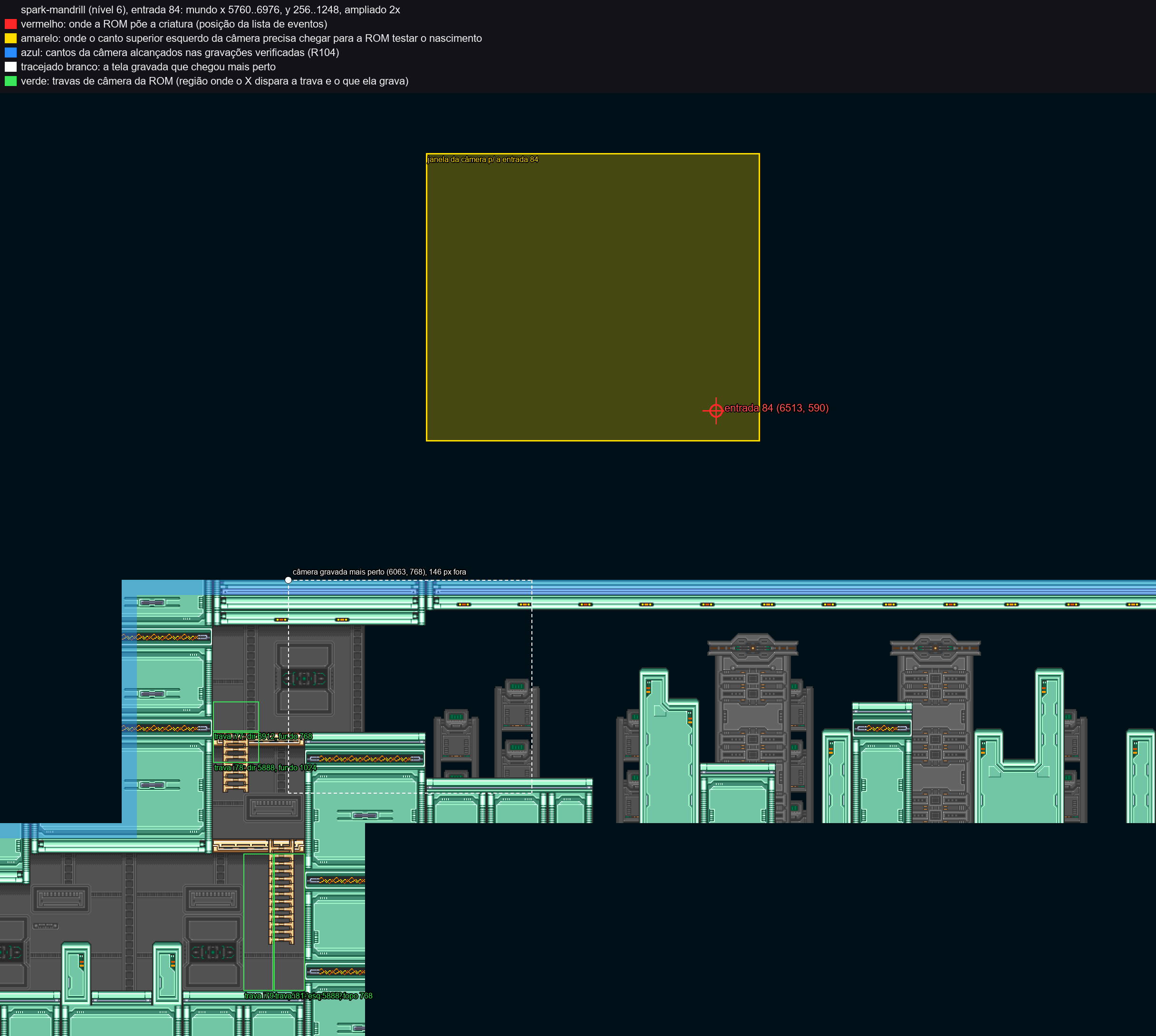 Map of the Spark Mandrill stage with a Portuguese legend: the red marker of enemy no. 84 on the list sits in the empty space above the ceiling, inside a yellow box; the blue areas, where the camera reached, are below, along the ceiling.