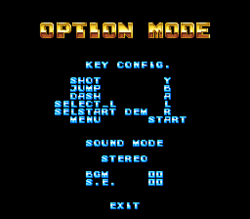 The game's options screen (OPTION MODE) with the unused text “START DEMO” drawn over it.