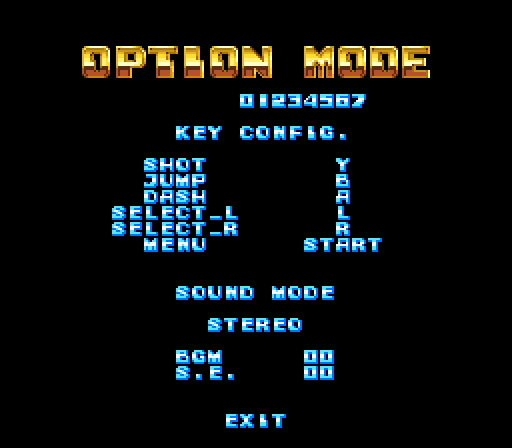 The game's options screen (OPTION MODE) with the unused text “01234567” drawn over it.