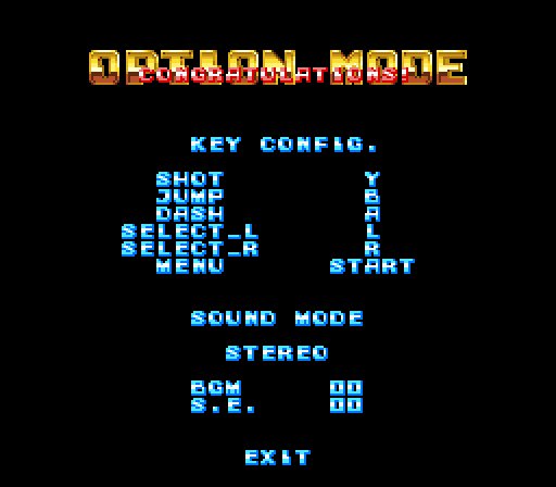 The game's options screen (OPTION MODE) with the unused text “CONGRATULATIONS!” drawn over it.