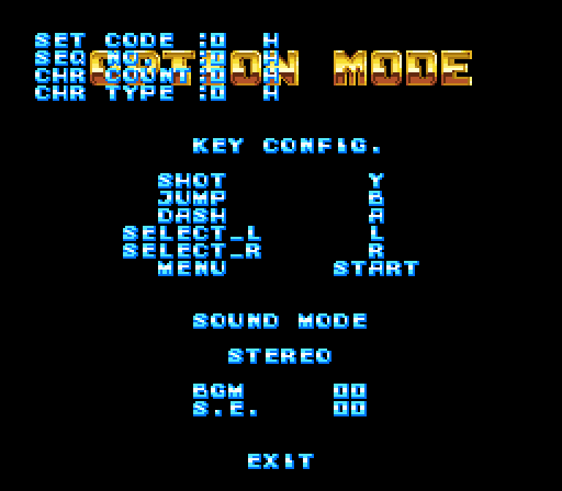 The game's options screen (OPTION MODE) with the programmers' four test texts “SET CODE”, “SEQ NO.”, “CHR COUNT” and “CHR TYPE” drawn over it.