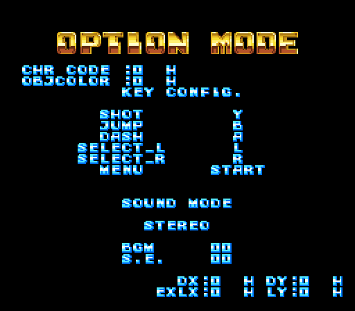 The game's options screen (OPTION MODE) with the programmers' four test texts “CHR CODE”, “OBJCOLOR”, “DX DY” and “LX LY” drawn over it.