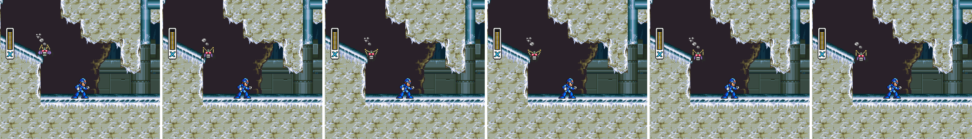 Six frames from the original game: X standing, with no charged shot visible on screen.