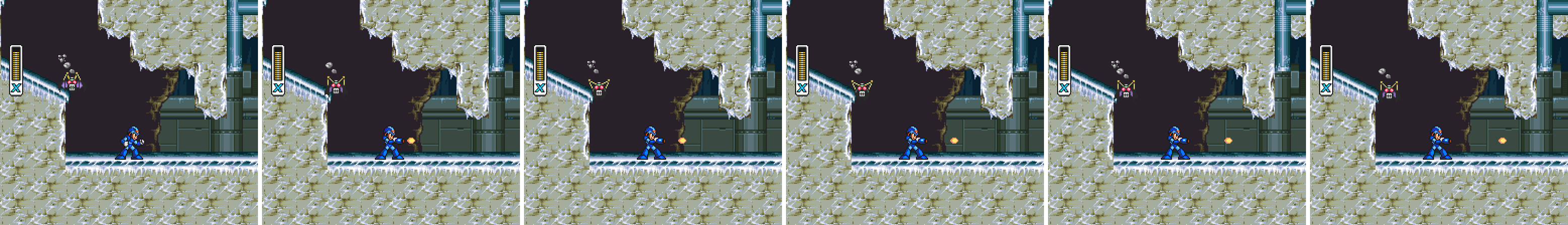 Six frames from the original game: X fires the normal buster shot, which goes straight to the right.