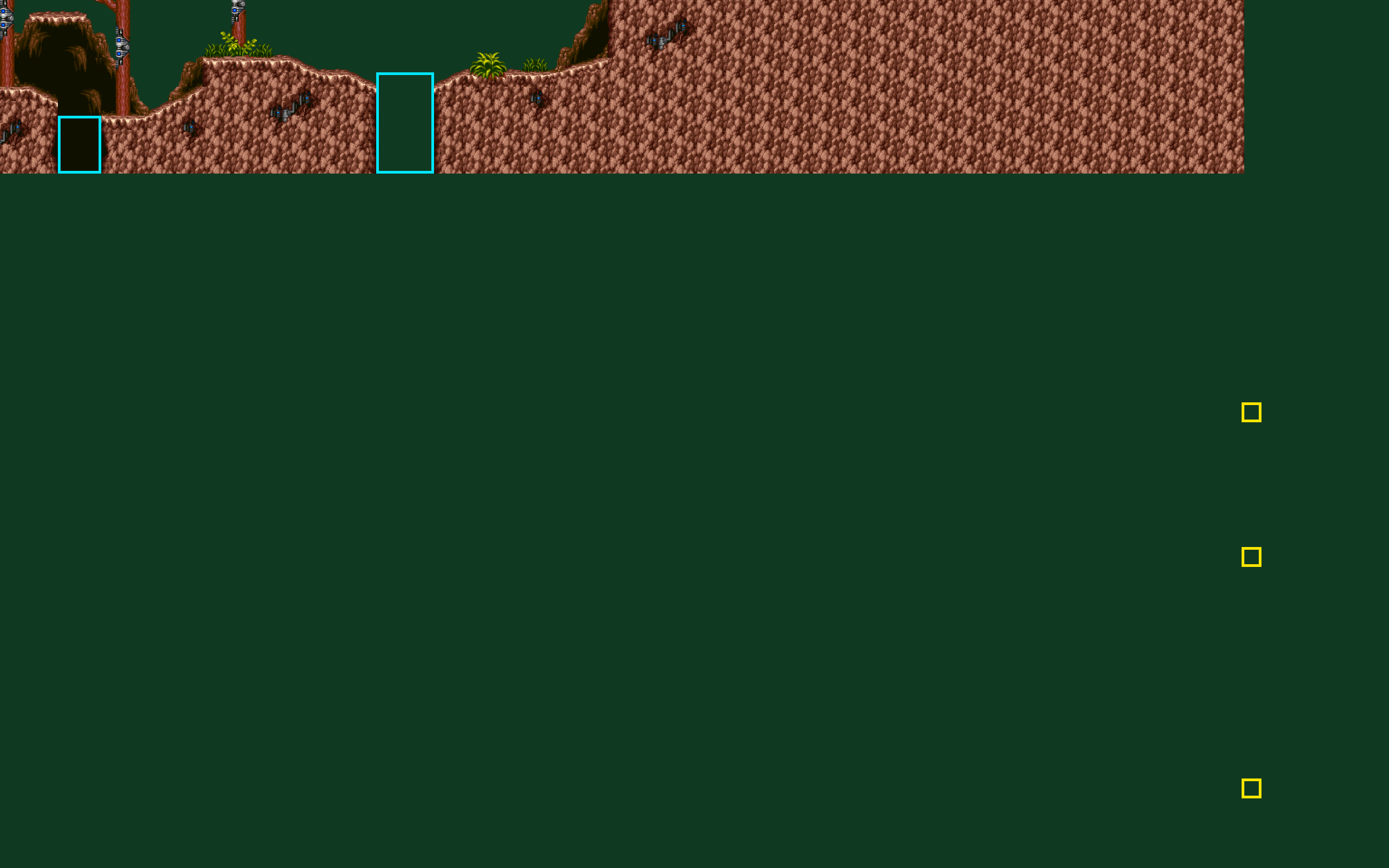 The void under the stage. In blue, the two known openings in the floor; in yellow, the three blocks far below.